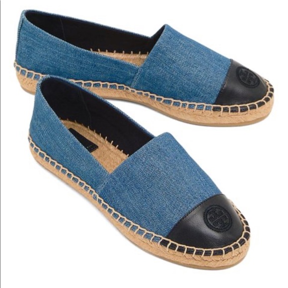 Tory Burch Shoes - Tory Burch Denim color block espadrille slip on flats leather logo size 8.5